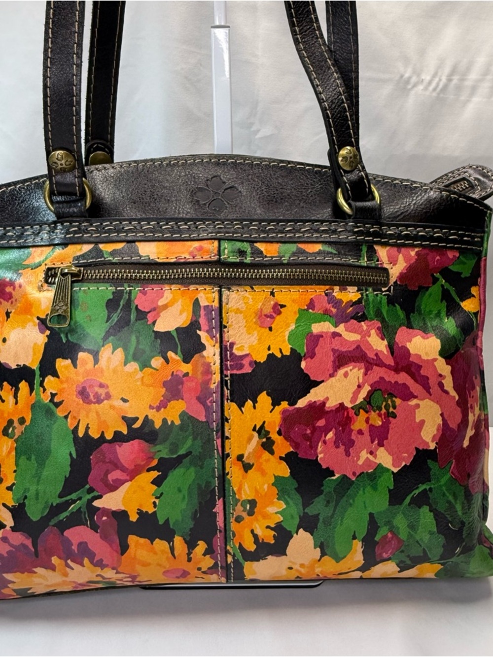 Patricia Nash Black Poppy Multi Floral Leather Shoulder Tote